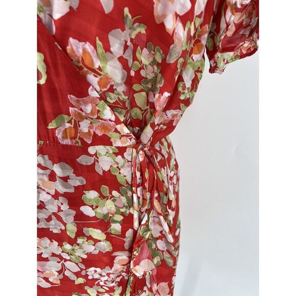 J. Jill Papaya Floral Ruffle Wrap Dress Size Medium Short Flutter Sleeves Lined - Picture 3 of 16